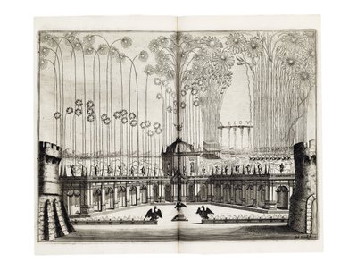 1666年12月、ウィーンで行われた神聖ローマ皇帝レオポルト1世（1640-1705）とスペインのマルガレット・テレジア（1651-73）の結婚式の際の花火。 作： Melchior Küsel