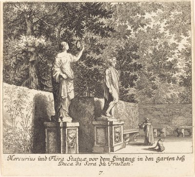マーキュリーとフローラの像、デューケディ ソラの庭園、フラスカーティ 作： Melchior Küsel after Johann Wilhelm Baur