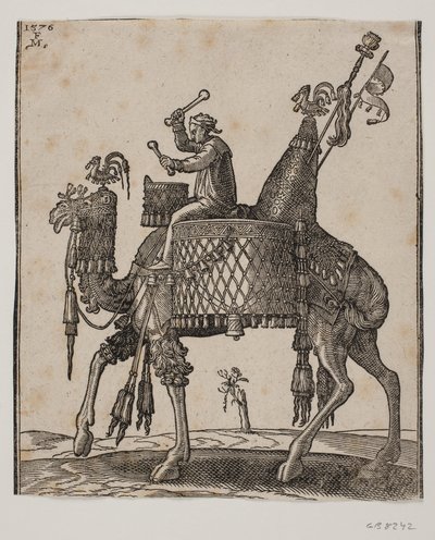 ライダーとしてティンパニストを備えた見事な装備のDromadary 作： Melchior Lorck