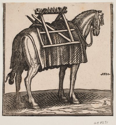 荷台を背負った空荷の荷馬を後ろから h に向かって斜め後ろから見た。 作： Melchior Lorck