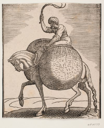 ライダーと野菜を運ぶための 2 つの球形のバスケットを持つ馬 作： Melchior Lorck