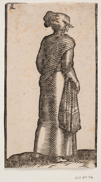 斜め後ろから見て右に歩く女性 作： Melchior Lorck
