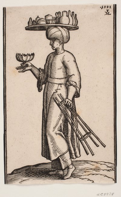 清涼飲料の行商人、左側に向かって歩く 作： Melchior Lorck