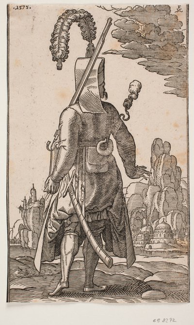 後ろから見た立っているイェニチェリ、羽のついた頭飾り、左肩のライフル 作： Melchior Lorck