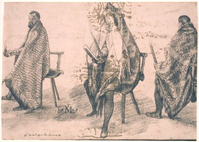 ろうそくを手に持つ 3 人の男性 作： Melchior Lorck