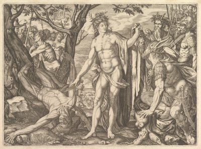 アポロとマルシアスとミダスの審判：右は驢馬の耳を持ったミダス、1581年。 作： Melchior Meier
