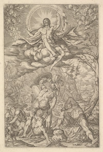 キリストの復活、オーレオールと雲に包まれ、翼のあるプッティのラインが...、1577年。 作： Melchior Meier