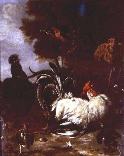 森の中のコケコッコーとその他の家禽類 作： Melchior de (follower of) Hondecoeter