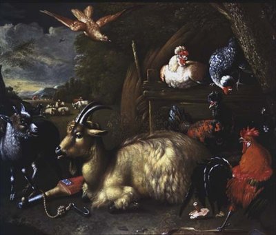 山羊と他の動物や鳥のいる風景 作： Melchior de (school of) Hondecoeter