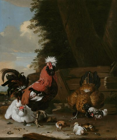 農場で鶏と雛とバンタムおんどり 作： Melchior de Hondecoeter