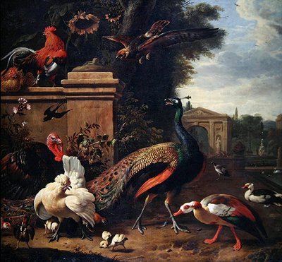 公園の孔雀と鷹と様々な鳥と鴨（油彩・キャンバス） 作： Melchior de Hondecoeter