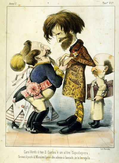1867年にパリで行われたオペラ「ドン・カルロス」の後のジュゼッペ・ヴェルディとナポレオン3世の漫画。メルキオーレ・デルフィコによる風刺画。プリヴェ・ミラノ・コレクション 作： Melchiorre Delfico