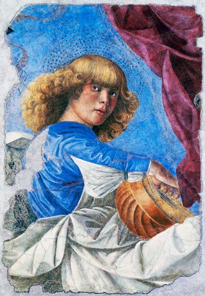 リュートを弾く天使、1480年、メロッツォ・ダ・フォルリ（1438-1494）によるフレスコ画、イタリアの「キリスト昇天」フレスコ画から切り離されたフレスコ画。 作： Melozzo da Forli