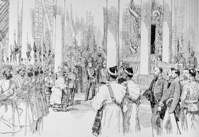 1886年3月4日の「イラストレイテッドロンドンニュース」より、マンダレーの宮殿の大玉座の間で堤防を開いているダフェリン卿 作： Melton Prior
