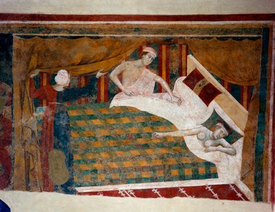 中世の夫婦生活のシーン。 ベッドで裸で寝ている妻に男が加わる。 詳細。 (フレスコ画、14世紀初頭) 作： Memmo di Filippuccio
