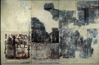 メソポタミア：ジムリリムの宮殿、叙任式の絵：翼のある雄牛、スフィンクス、グリフォンの表現。ジムリリム（ジメイ・リム）の政権時代（紀元前1782〜1759年頃）の断片的なフレスコ画。パリ、ルーブル美術館。 作： Mesopotamian