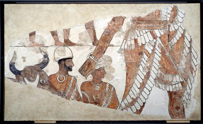 メソポタミア：生け贄の注文主。ジムリムの宮殿のフレスコ画の詳細（1782〜1759年頃）。紀元前18世紀。マリから。パリ、ルーヴル美術館 作： Mesopotamian