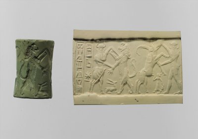 紀元前2250～2150年頃の現代的な印象を持つ戦闘の円筒印章（白雲石 作： Mesopotamian Mesopotamian