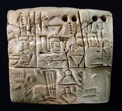 初期の絵文字入り楔形石板、メソポタミア、ウルク、紀元前3100～2900年頃（粘土 作： Mesopotamian Mesopotamian