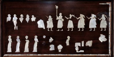 メソポタミア：アスファルト、貝殻、石で作られたマリの旗のモザイク要素。紀元前3500年頃、マリのイシュタル神殿より。日 0,53x0,72 m パリ、ルーヴル美術館 作： Mesopotamian Mesopotamian