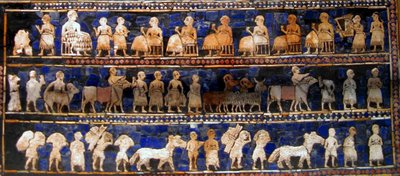 紀元前2600～2400年頃、「ウルの標準」の「平和」パネル（木に絵の具） 作： Mesopotamian Mesopotamian