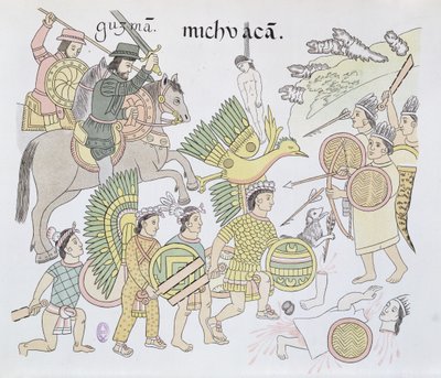 スペインとアステカの間のミチョアカンの戦い、メキシコインディアンの絵画史リエンツォデトラスカラの複製（1892年頃）、1892年のイラスト 作： Mexican School