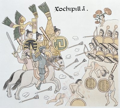 スペインとアステカの間のソチピラの戦い、メキシコインディアンの絵の歴史の複製からの図解1859年頃のリエンツォデトラスカラ 作： Mexican School
