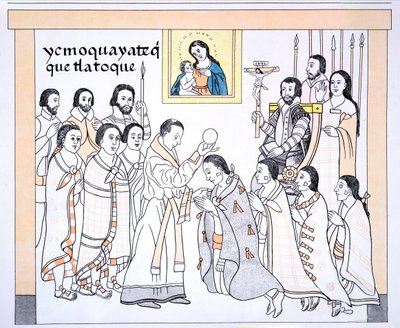 ヘルナンドコルテス（1485-1547）の家の司祭から聖体拝領を受けた教会、メキシコインディアンの絵画の歴史リエンツォデトラスカラの複製（1550年、1892年）（カラーlit） 作： Mexican School