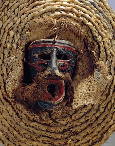 メキシコゲラゲツァの毎年恒例のフェスティバルを祝うコスチュームマスク（わらと編んだストロー） 作： Mexican School