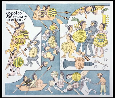 ヘルナンドコルテス（1485-1547）とクアウテモックの間の最後の戦い、1521年8月、テノチティトランでのメキシコの絵の歴史リエンツォデトラスカラの複製（1892年頃、1892年） 作： Mexican School