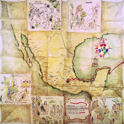 メキシコ征服時にヘルナンドコルテス（1485-1547）がたどったルートの地図 作： Mexican School