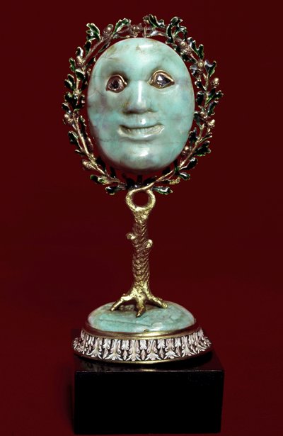 メキシコ美術：ダイヤモンドの目を持つターコイズ・ペーストのフェイス・マスク。17世紀 フィレンツェ、ムゼオ・デッリ・アルジェンティ 作： Mexican School