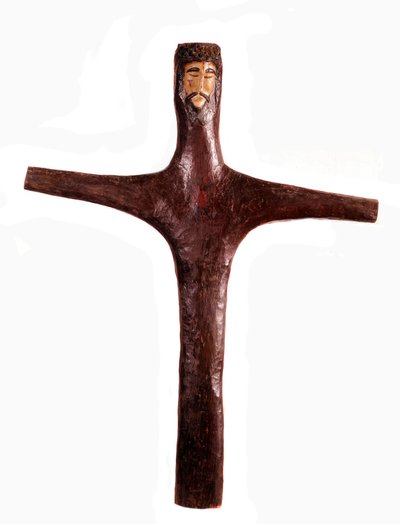 メキシコ美術：キリストの頭部を彫った多色刷りの木製十字架。17世紀 日2x1,56 m メキシコ。ミチョアカン地方博物館 作： Mexican School