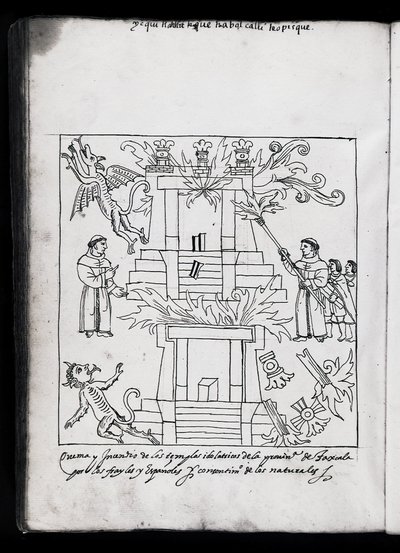Ms Hunter 242 f.240vフランシスコ会の燃える神殿、ディエゴムノスカマルゴ作のヒストリアデトラスカラのイラスト 作： Mexican School