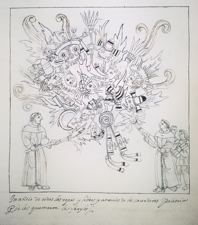 Ms Hunter 242 f.242r Diego Munoz CamargoによるHistoria de Tlaxcalaの伝統的な本や服を燃やすフランシスコ修道会 作： Mexican School