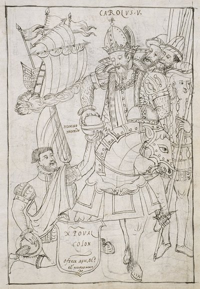 Ms Hunter 242 f.249r Christopher Columbus（1451-1506）ヒストリアデトラスカラからDiego Munoz Camargoがチャールズ5世（1500-08）に新世界を象徴的に提供 作： Mexican School