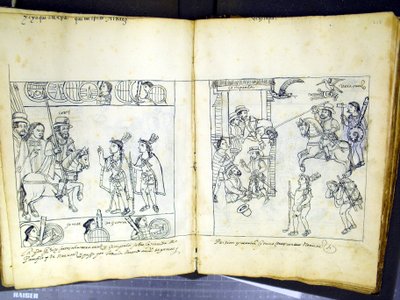 Ms.Hunter 242 f.257v and f.258r, Diego Munoz Camargo作「Historia de Tlaxcala」より（紙にペンとインク）。 作： Mexican School