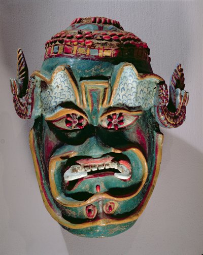 ムーア人とキリスト教徒のメキシコのダンスで使用されたサンティアゴの儀式用マスク（塗装済み木材） 作： Mexican School