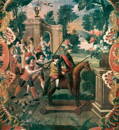 ミゲル・デ・セルバンテス・サアベドラ(1547-1616)の「海峡のドン・キホーテ」(The Ingenious Gentleman Don Quixote of La Mancha)から引用したシーン。 作： Mexican School