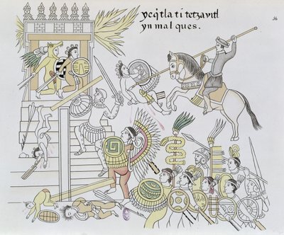 ヘルナンコルテスによるアイドルのバーニング、メキシコインディアンの絵の歴史の複製からの図解1550年のリエンツォデトラスカラ（1892年）（カラー彫刻） 作： Mexican School