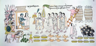 トラスカラン族の首長、マキシカッツインは、メキシコインディアンの絵の歴史の複製からの挿絵として、エルナンドコルテス（1485-1547）にバラの花束とその他の贈り物を贈呈します。 作： Mexican School