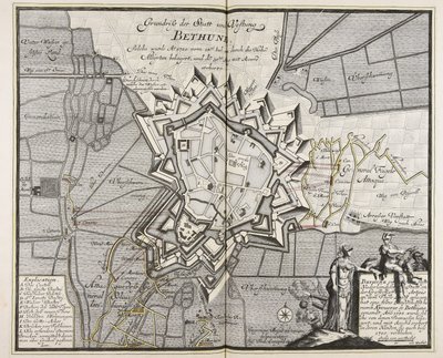 1710年7月14日から連合国軍に包囲されたベトゥーンの町と要塞の平面図。1710年7月14日から連合軍に包囲され、8月30日に征服された。8月、征服されたアコードとともに／Engineer Meyer ad vivum delineavit. 作： マイヤー