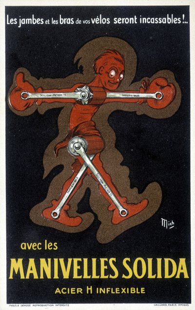 無垢の鉄でできたVeloのクランクの広告。ドローイング：Mich（Michel Liebeaux 作： Mich