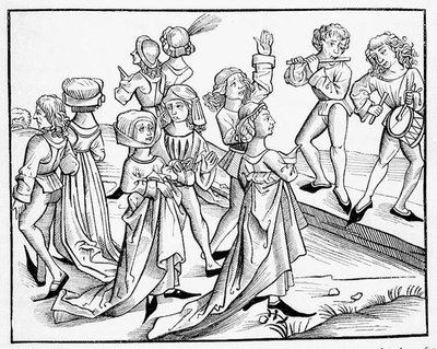 クリスマスの夜、不謹慎な行為を罰せられた踊り子たち（ニュルンベルク発行の「Liber Chronicarum Mundi」の木版画より 作： Michael (after) Wolgemut or Wolgemuth