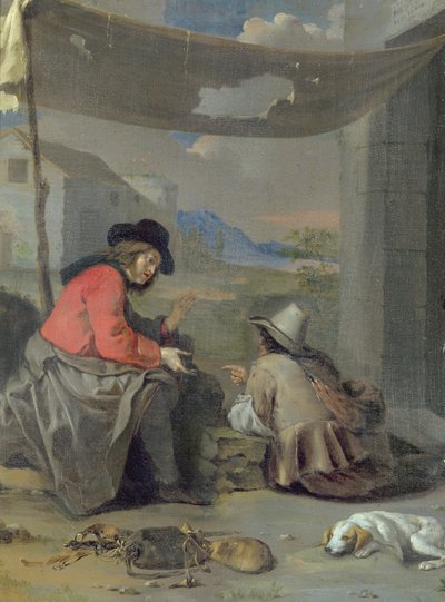犬と一緒に座っている2人の人物（船内の油） 作： Michael (attr. to) Sweerts