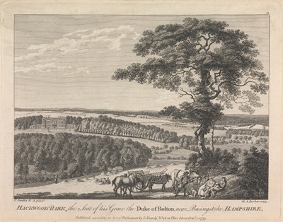 Hackwood Park, hänen armonsa Boltonin herttuan kotipaikka lähellä Basingstokea, Hampshire (julkaisija G. Kearsly); sivu 19 (Kakkonen osa) 作： Michael Angelo Rooker