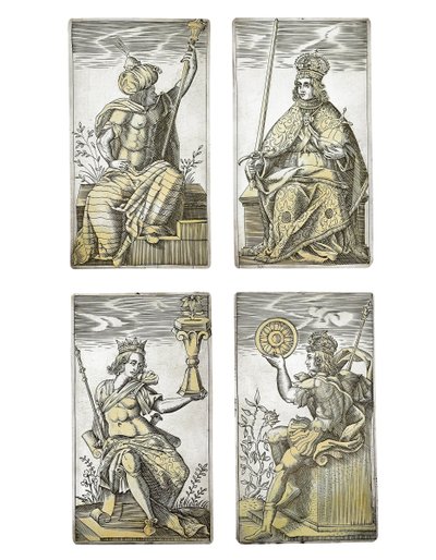 アウグスブルクの4つのイタリアのスーツに刻まれた52枚のトランプの非常に珍しいセットの詳細 作： Michael Froemmer