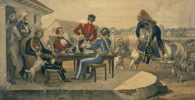 インドの軍事基地でのコーヒーパーティー、1850年頃（色付きの彫刻） 作： Michael Hanhart