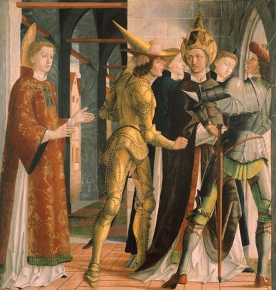 聖ローレンスから休暇を取る教皇シクストゥス2世（1465年頃） ミカエル・パッハー（1430年頃～1498年頃）作、パネル 作： Michael Pacher