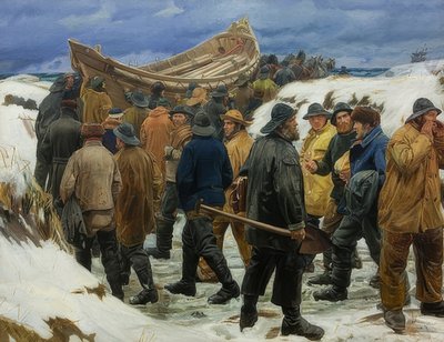 救命ボートは砂丘を通って運転されます。 1883 作： Michael Peter Ancher